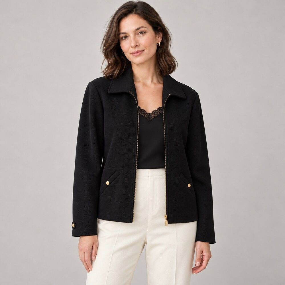 St John Jacket Womens S Black Zip Front Gold Hardware Lined Made in USA Preppy